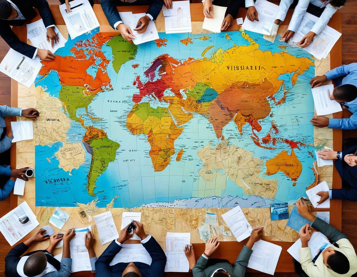 An intricate visual collage featuring a diverse group of professionals analyzing visa applications and permits in a modern office environment. Incorporate elements like passports, liquor bottles, maps, and legal documents scattered around. Include a world map highlighting different countries related to the alcohol trade, with vibrant colors to symbolize various cultures in the industry. super-realistic. vibrant colors. 3D.