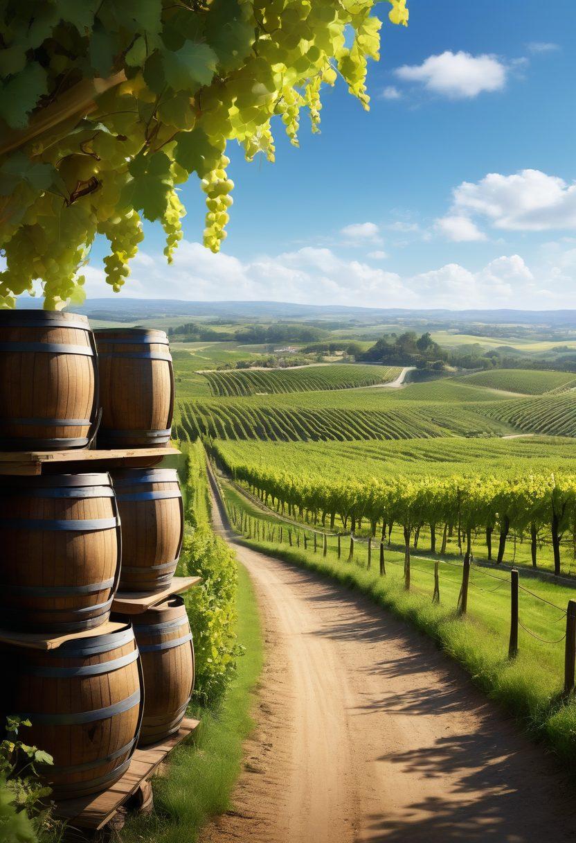 A sophisticated vineyard landscape with lush green grapevines under a bright blue sky, featuring wine barrels and glasses in the foreground. A roadmap illustration overlays the scene, symbolizing the journey through the wine industry and green card processes. Include subtle hints of various flags representing different countries to symbolize import connections. ethereal lighting, vibrant colors, painterly style.
