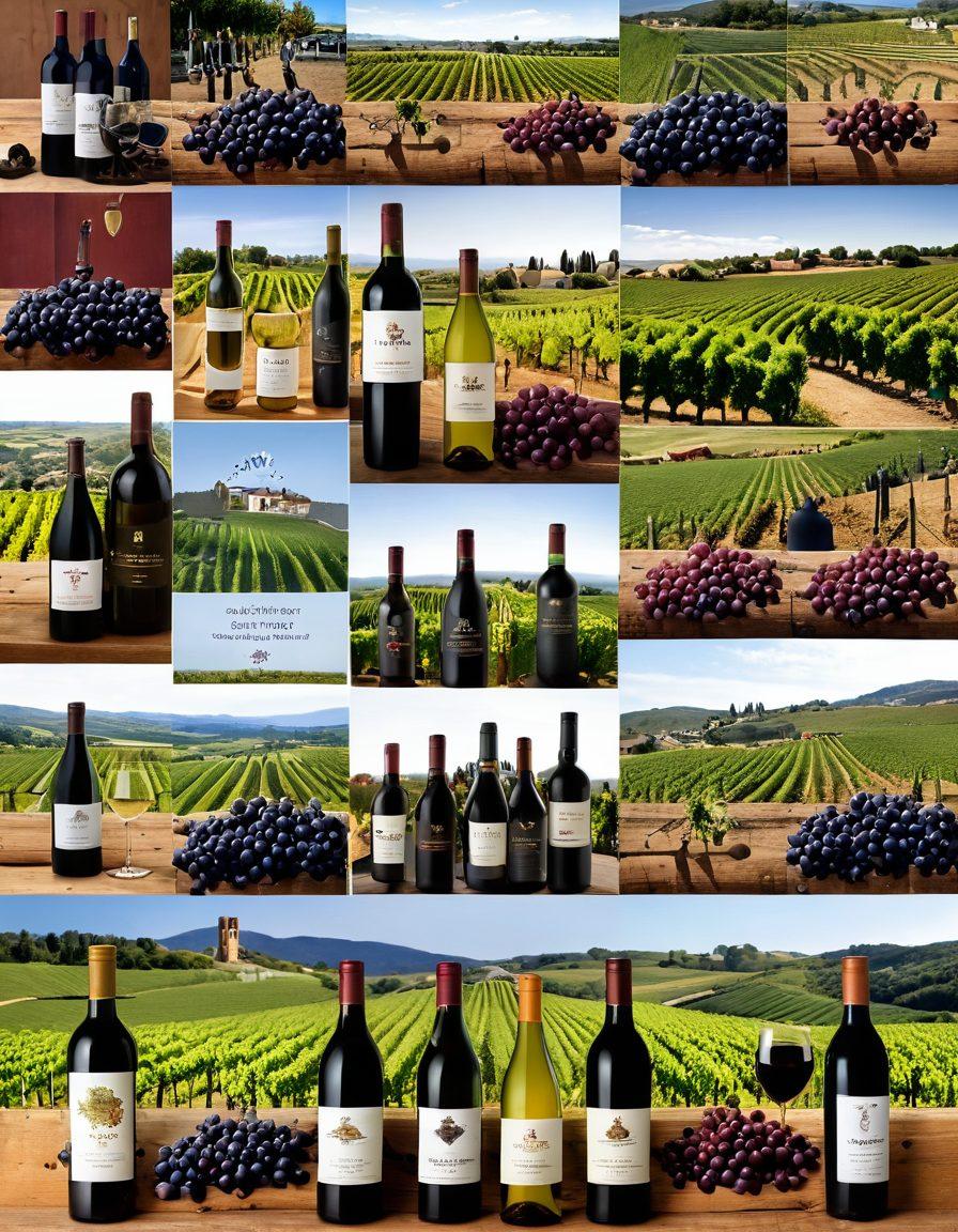 A captivating collage showcasing the transformation from grapes to wine bottles, featuring a vineyard in the background, a diverse group of aspiring wine importers studying wine regulations, and green cards subtly integrated into the scene. The atmosphere should be vibrant and inspiring, highlighting the journey and ambition of the importers. Include elements of wine barrels and import/export symbols. super-realistic. vibrant colors. white background.